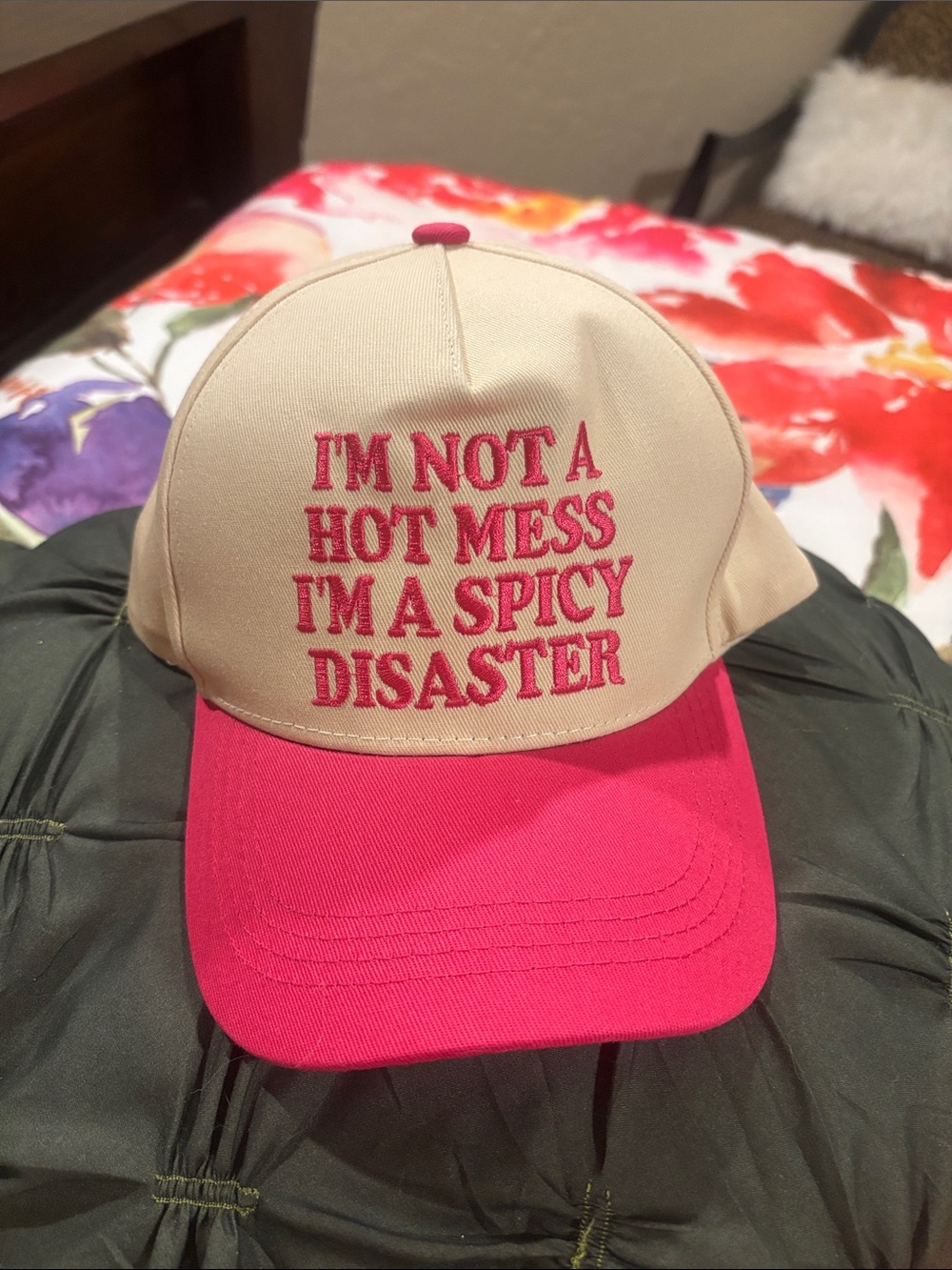 Beige and Pink Embroidered Slogan Women’s Baseball Cap